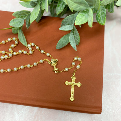 Pink Pearl Bead Gold Rosary Boxed Crossroads Collective