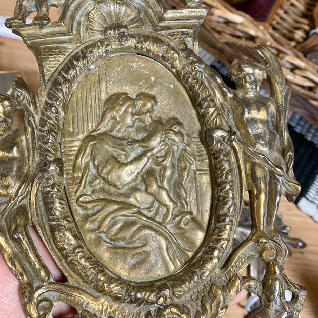 Antique Brass Madonna & Child with Angels Surrounding them holy water font