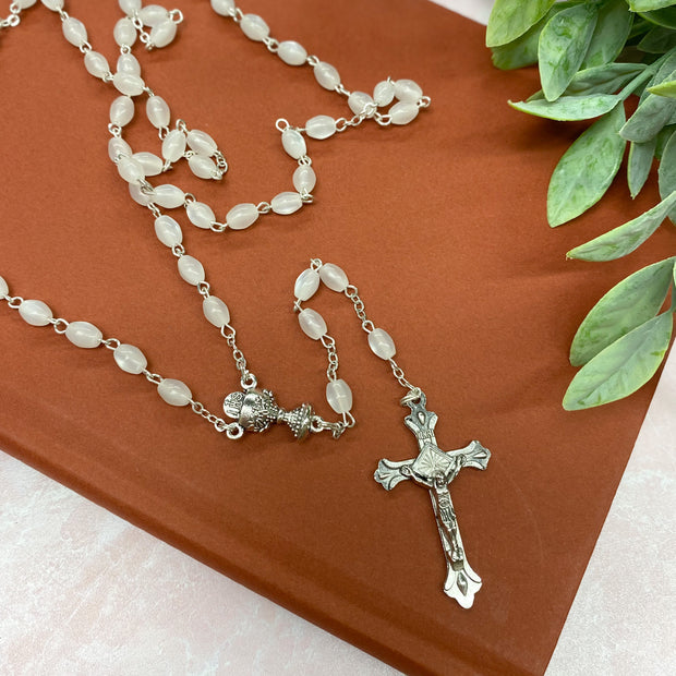 White Imitation Oval Pearl Bead Communion Rosary Boxed Crossroads Collective