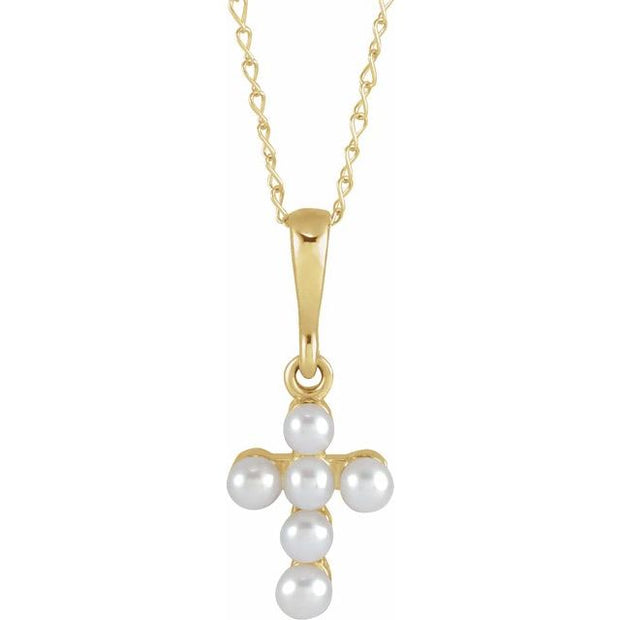 14K Yellow Cultured White Seed Pearl Youth Cross 16" Necklace Crossroads Collective