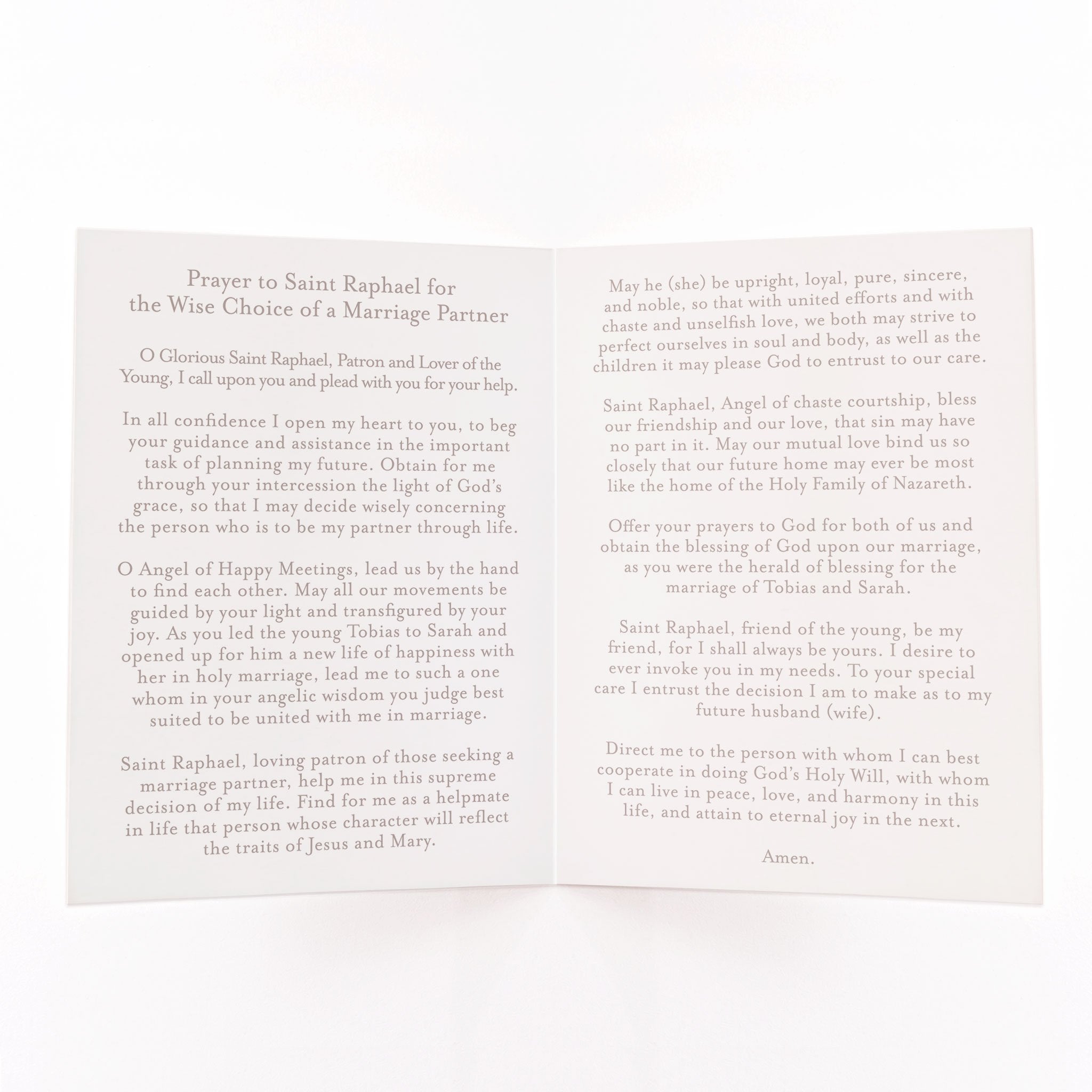 St. Raphael Prayer Card | Wise Choice of a Marriage Partner | Beige Cards Crossroads Collective